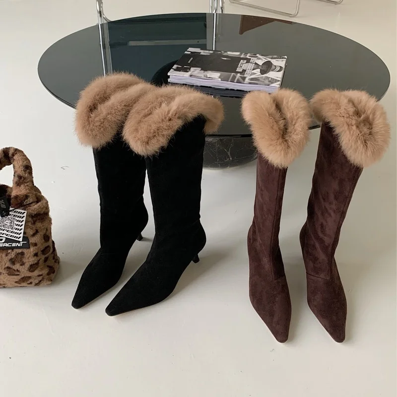

2022 Winter New Suede Women's Boots Fashion Pointed High Heels Comfortable Warm Plush Boots Ladies Temperament Mid-tube Boots