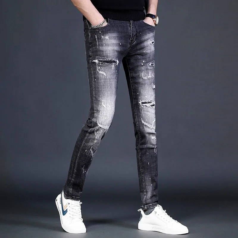 2022 Summer Black Ripped Jeans Men Slim Fit Pants White Splash Print Jean Streetwear Casual Stretch Patches Denim Trousers