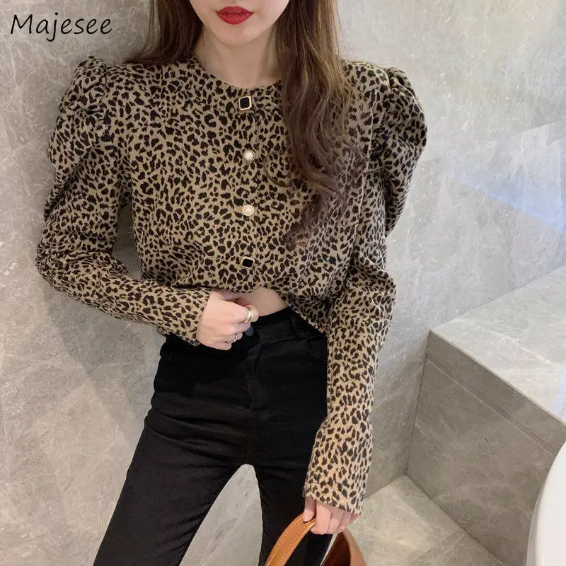 

Shirts Women Autumn Vintage Retro Leopard Puff Sleeve Standing Korean Style Loose O-neck Button Streetwear Cool Leisure Female