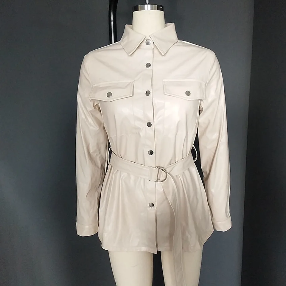 

2021 Vintage PU Leather Shirts Women Causal Turn-down Collar Blouse Shirt with Belt Autumn Winter Chic Pocket Shirt Tops