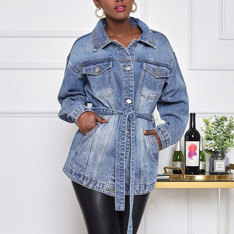 Женская джинсовая куртка с карманами пальто отложным воротником и длинным