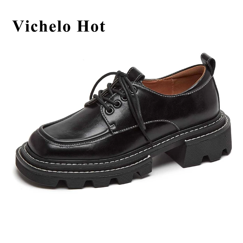 

Vichelo Hot genuine leather round toe med heel British style retro fashion young lady daily wear lace up casual women pumps L51