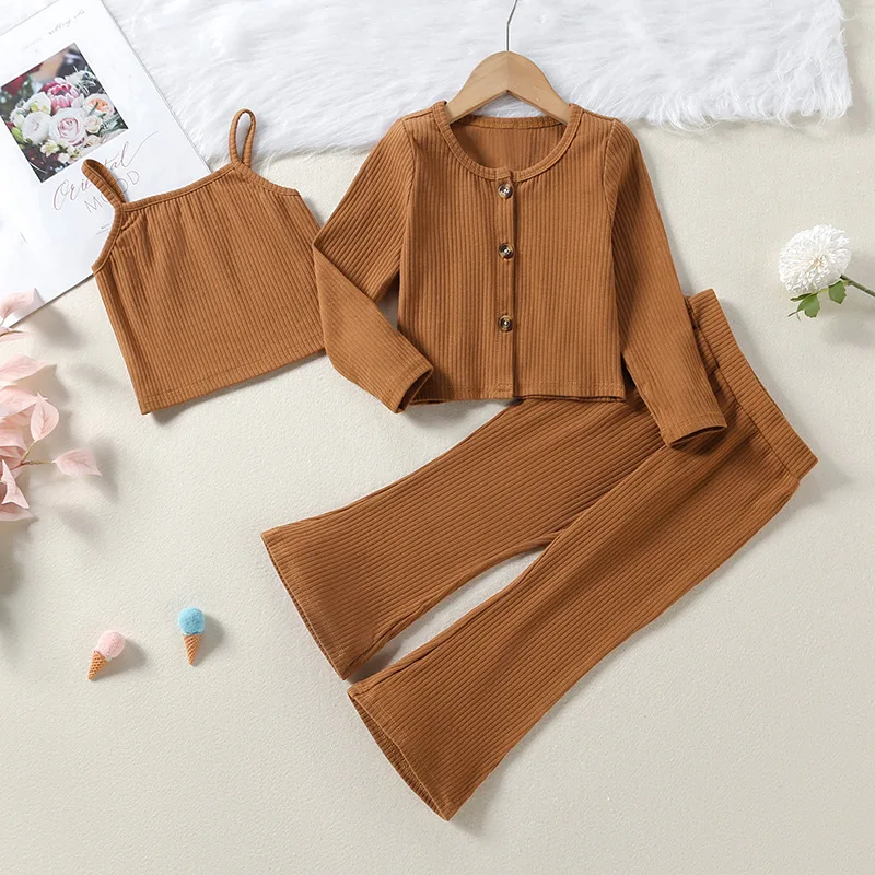 

Spring Girls Sets Solid Color Single Breasted Cardigan + Camisole +Flare Pants Three Piece Suits Fashion Children's Outfit
