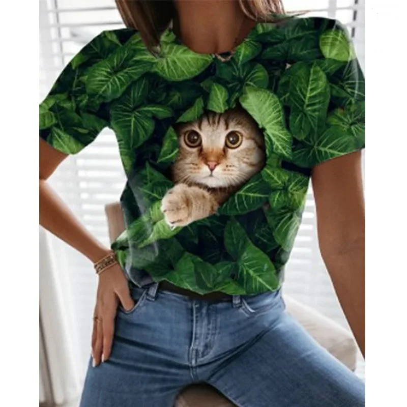 

Women's Animal Dynamic Cat 3D Printing Round Neck T-shirt Funny Short Sleeve Top Retro Pullover Casual Fashion