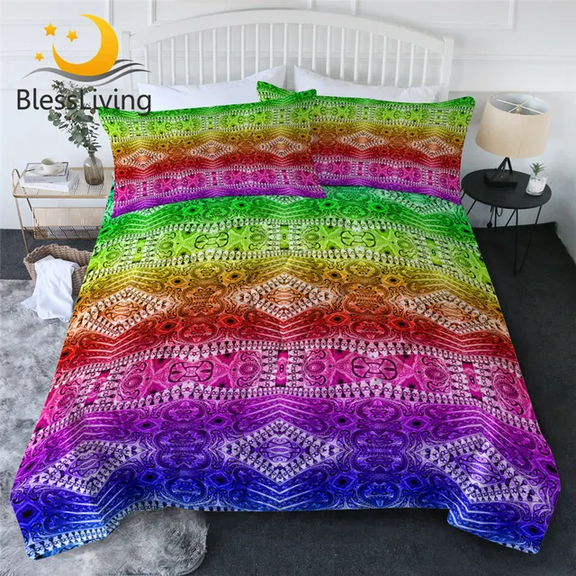 BlessLiving Rainbow Quilt Cover Set Ethnic Comforter Floral Summer Bedspreads Bohemian Colchas for Kids Colorful Blanket 3-Piece 1