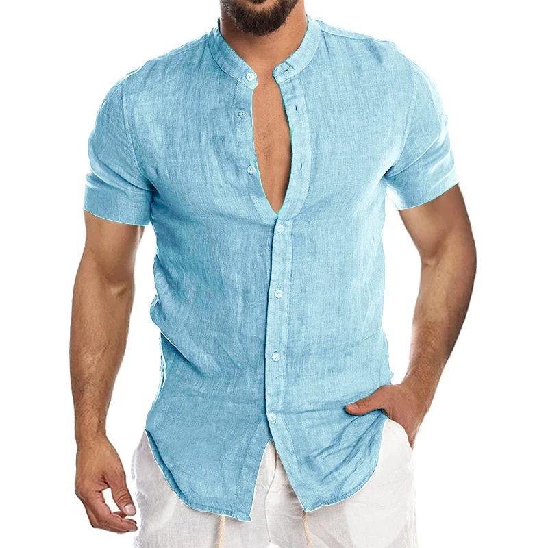 

Men's Casual Blouse Cotton Linen Shirt Short Sleeve Summer Button-Down Shirts For Men