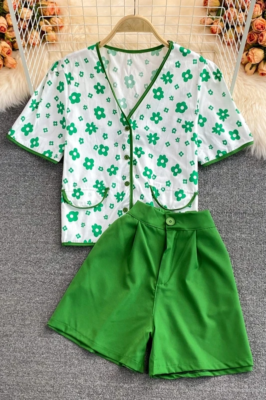 

Vintage Women sweet shorts 2-piece summer women's V-neck single brested Shirt Top + high waist short Wide Leg Pants Set Street