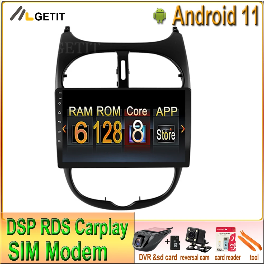 Автомобильный стерео Мультимедийный Плеер 128G 9 ''Android 11 для peugeot 206 2000 2016 Радио BT