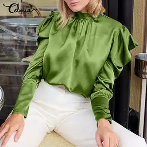 5XL Celmia женские атласные блузки с модным воротником-стойкой однотонные рубашки для мальчиков с короткими рукавами, шифоновая блузка с короткими рукавами офисные плиссированные женские блузки, плюс размер, гладкие атласные T