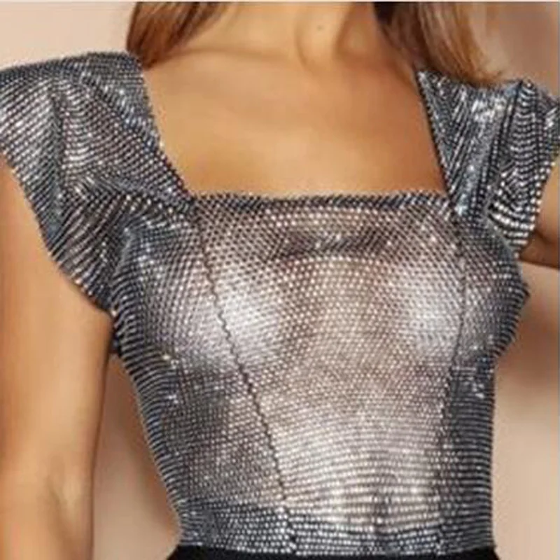 Sparkly Rhinestone V Neck Tank Top For Women Candy Color Mesh Sexy Hollow Festival Wear Sexy Bra Holiday Burning Man Outfit