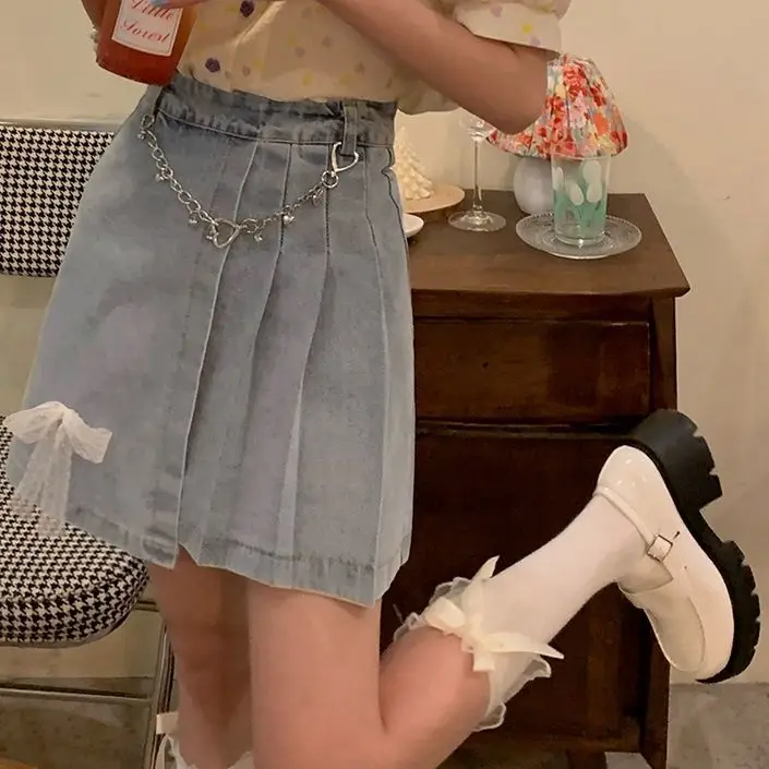 Женская джинсовая юбка летняя Корейская Ретро стиль с бантом высокая талия