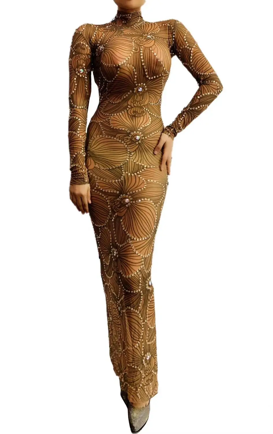 Женское сценическое платье блестящее Сетчатое с принтом стразы кристаллами для