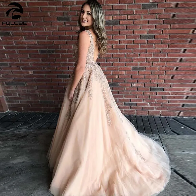 

Champagne Elegant Evening dress V-neck Sleeveless Lace Appliques Beads Formal Party Dresses Backless Floor Length 2020 Vestidos