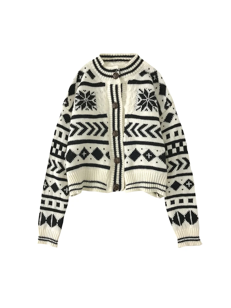 

Women's Vintage Autumn Winter Sweaters Fashion Casual O Neck Long Sleeve Geometric Dobby Female Single Breasted Short Cardigans