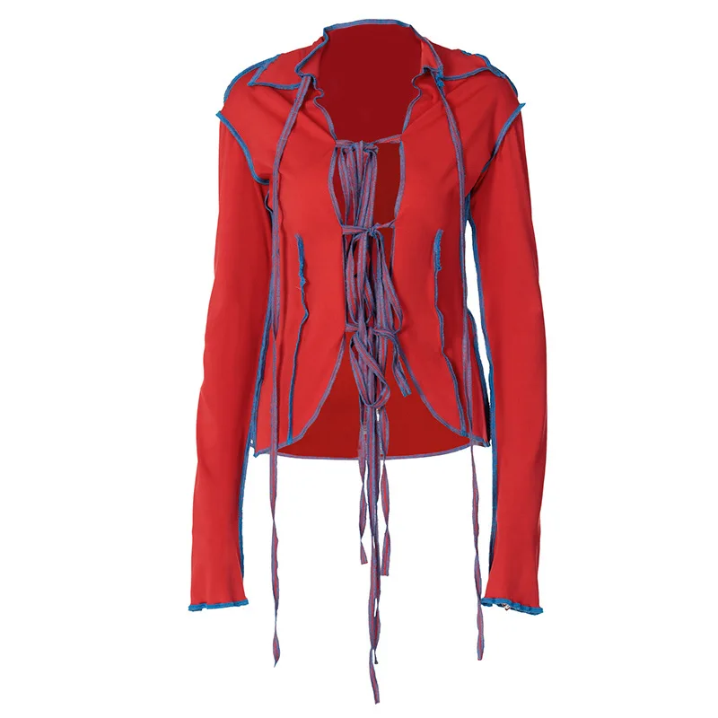 

Shestyle Tassel Panelled Patchwork Bandage Turn Down Collar Casual Full Sleeve Ruffle Sleeve Cardigans T Shirts Crop Tops Women