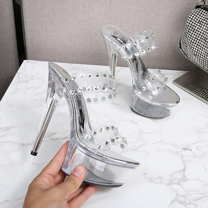 Summer 2021 New Sexy Model Transparent Crystal Shoes Catwalk 13 15 CM Super High Heel Slippers Nightclub Stripper Women's Shoes