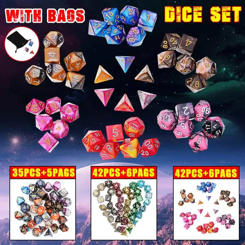 

Набор разноцветных костей для игры в игральные кости D20, D12, D10, D8, D6, D4, кости для ролевых игр, кости с сумкой и 6 черными бархатными карманами, 42 ...