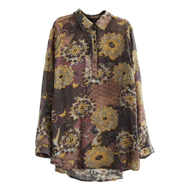 Рубашка женская в этническом стиле из хлопка и льна с винтажным принтом тонкая