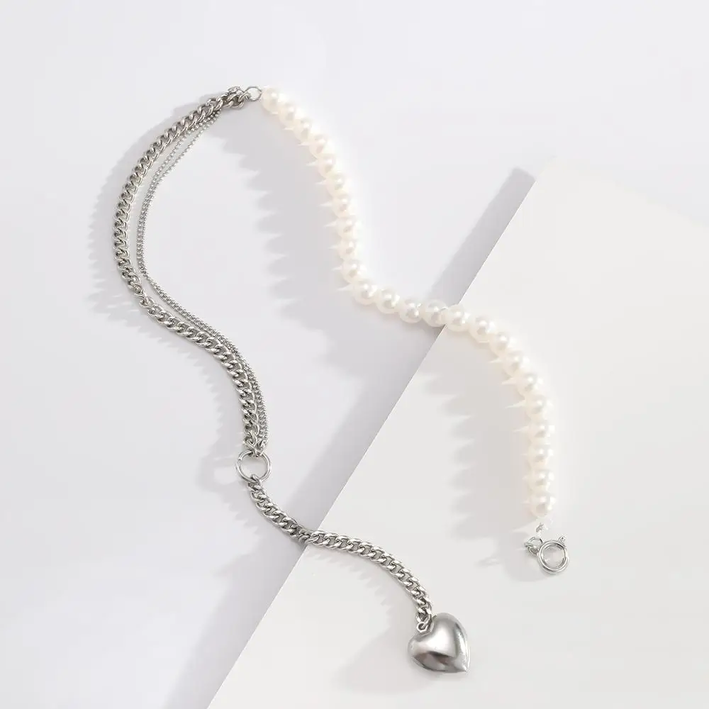 

SHIXIN Long Asymmetry Chain Pearl Necklace for Women Lovely Heart Pendant Necklace 2020 Fashion Jewelry Choker Collar Neck Chain