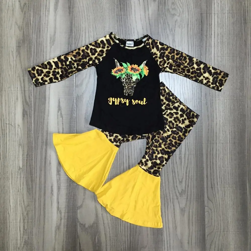 Одежда для маленьких девочек Леопардовый костюм топ с подсолнухами и коровой
