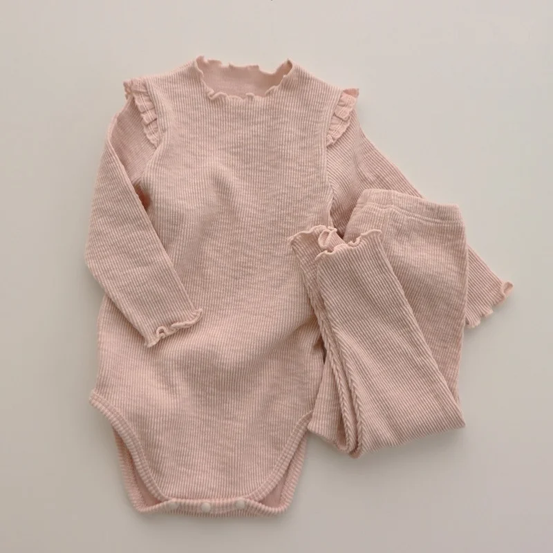 

Осенний хлопковый комплект одежды с длинным рукавом, комплект одежды из 2 предметов для малышей, детей, боди для маленьких девочек с оборкам...