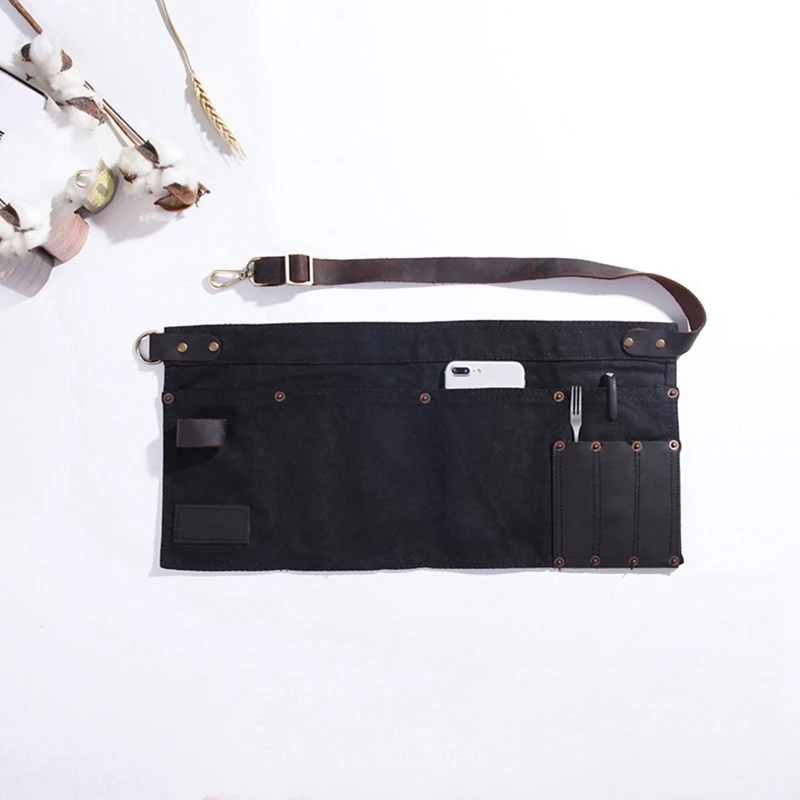

2 Pcs Multi Pocket Apron for Women Real Leather Canvas Half Apron Pocket Apron Black & Coffee