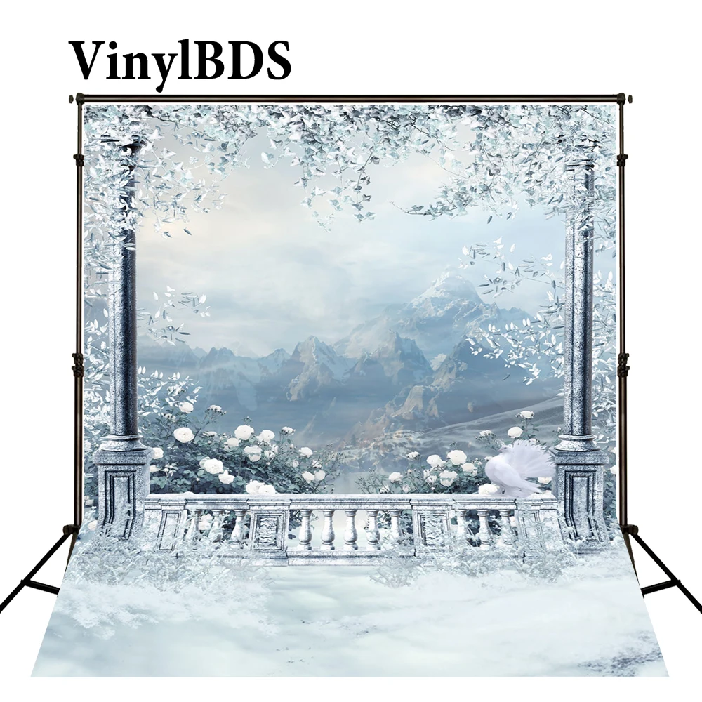

VinylBDS зимний Снежный балкон белый цветочный фон открытый свадебный фон Большой Размер Бесшовная фотография для фотостудии