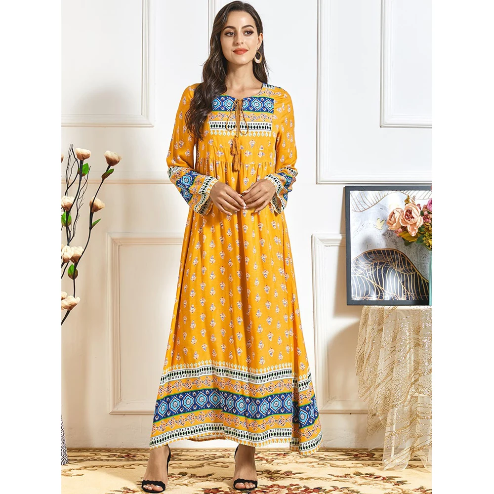 

Flora Printed Long Dress Ethnic Bohemian Muslim Women Abaya Ramadan Islamic O-neck Casual Long Sleeve Kaftan Turkish Robe