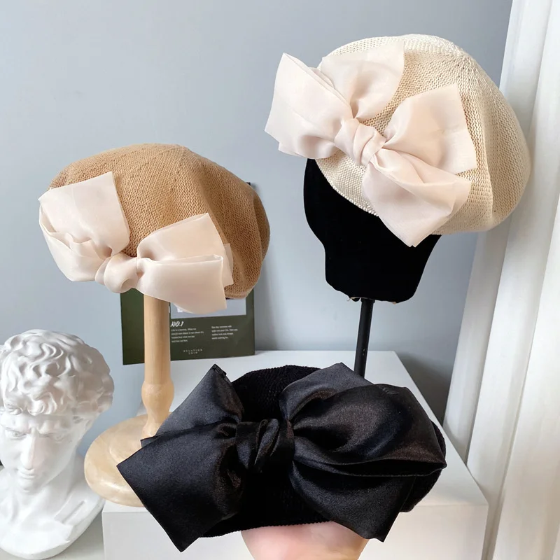 

Summer Fashion Bow Berets For Women Breathable Elegant Lady Vintage Caps Woven Mesh Hollow Beret Modern Noble Hats New Sweet