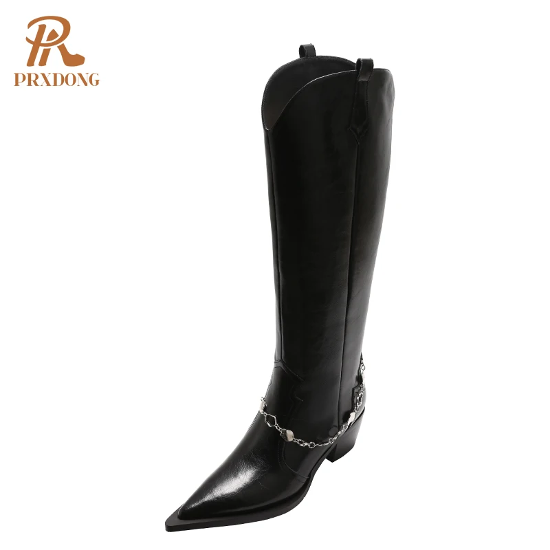 

2021 New Knee-High Boots Western Women Shoes Zipper Pointed Toe Platform Chain Street Style Square Spike Heels Boots Girls Shoes