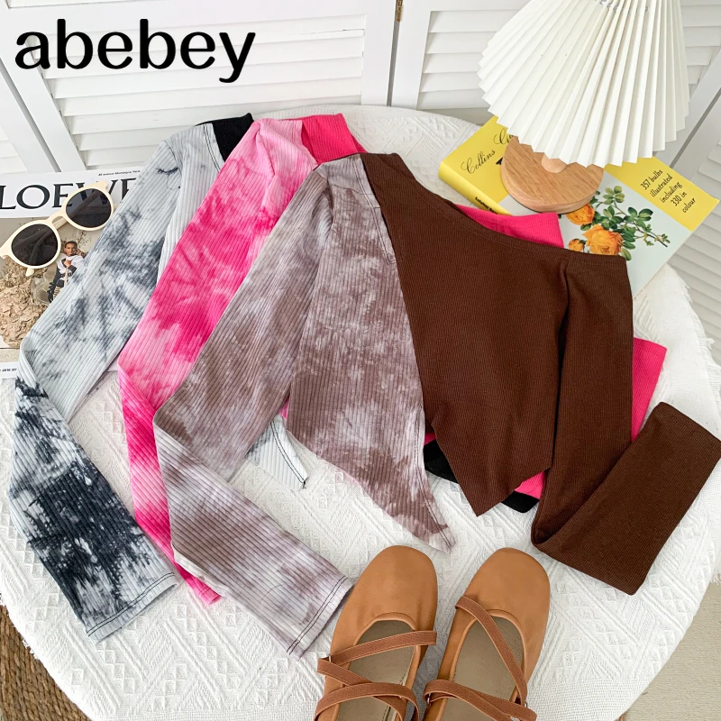 

Футболка с косым воротником и длинными рукавами, с открытыми плечами, укороченная футболка разных цветов, топ, весна-осень 2021 г.