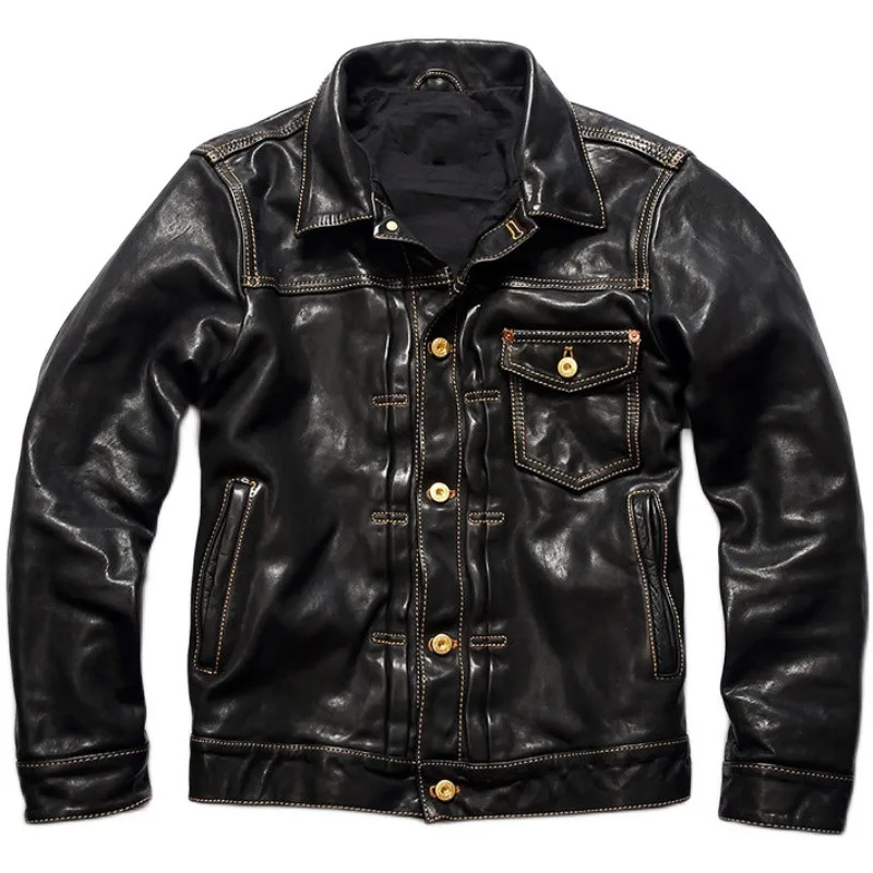 

2022 Black Genuine Leather Jacket Men Japan Style Plus Size 4XL Real Natural Cowhide Autumn Slim Fit Short Casual Denim Coat