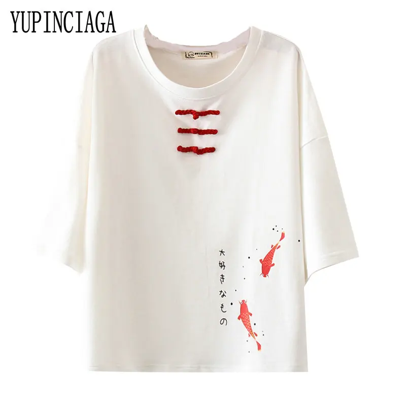 

Женская футболка в китайском стиле YUPINCIAGA, хлопковая футболка с коротким рукавом и круглым вырезом, с принтом в виде рыбьей пластины и пряжкой, лето 2020