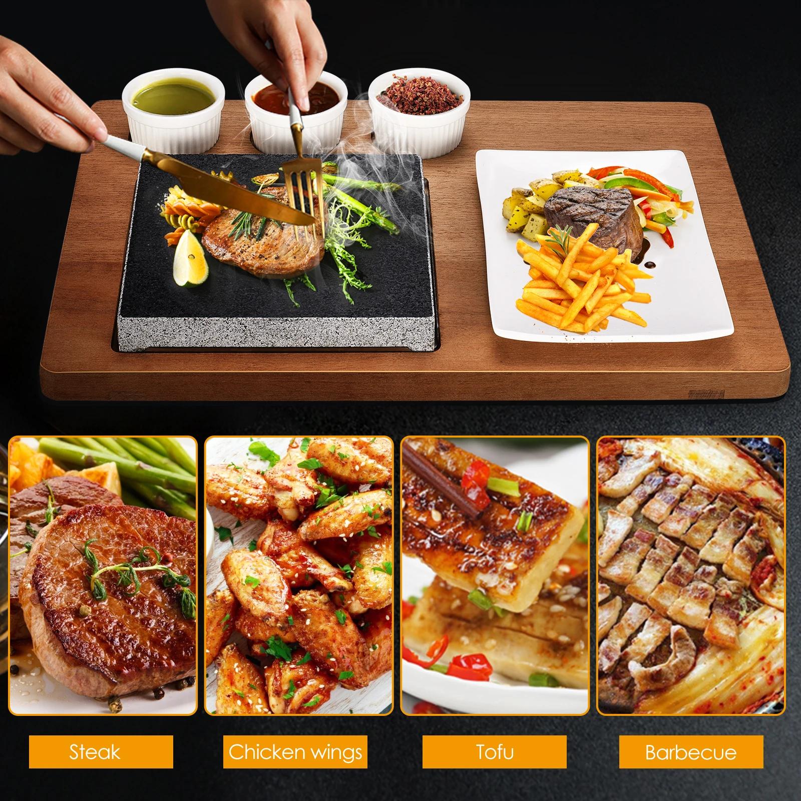 

Lava Stone Steak Board With Sapele Solid Wood Board Porcelain Plate With Sauce Cups Fat Oil-free Steak Meat Fish Grilling BBQ