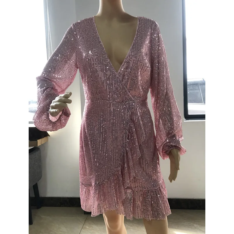 

Pink Sequin Ruffles Dress Sexy Lady Long Sleeve Elegant Club Party Evening Bodycon Casual Dresses For Women