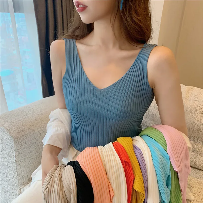 Купи AOSSVIAO 2022 Solid V Neck Ribbed Knitted Tank Top Camisole Women Summer Basic Elastic Tank Top O Neck Solid Tank Top за 503 рублей в магазине AliExpress