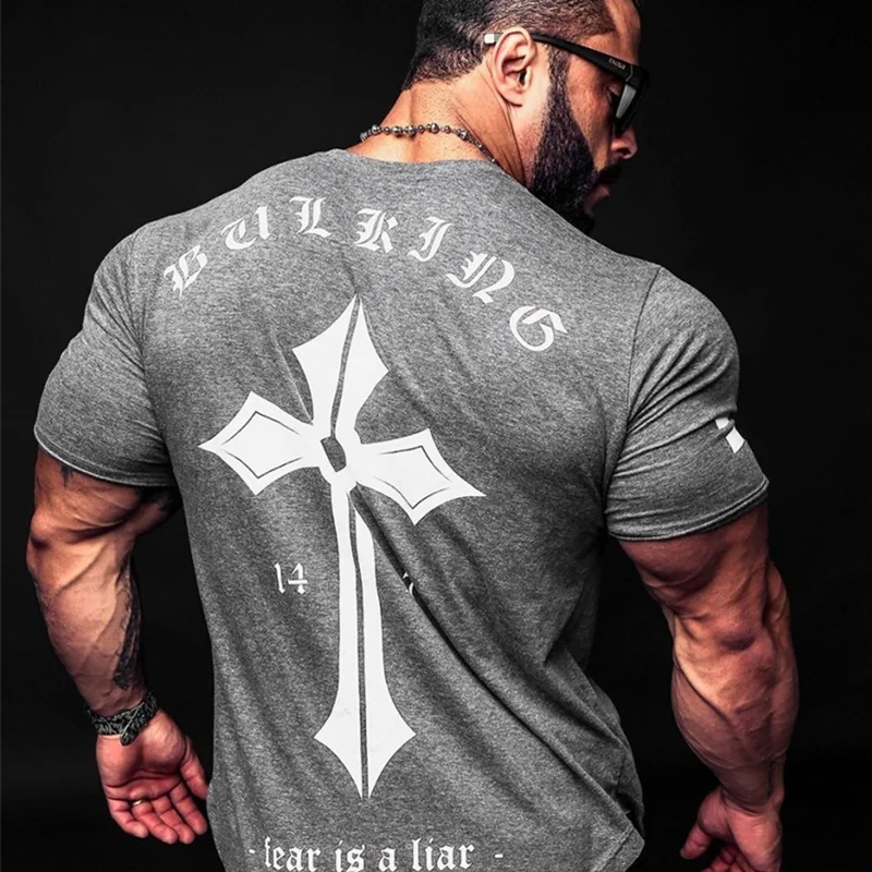 Мужская хлопковая футболка для бега фитнеса бодибилдинга короткий рукав