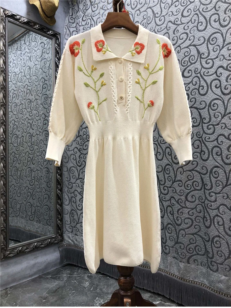 

Knitted Dress 2021 Autumn Winter Style Women Turn-down Collar Red Floral Embroidery Knitted 3/4 Sleeve Casual Long Sweater Dress