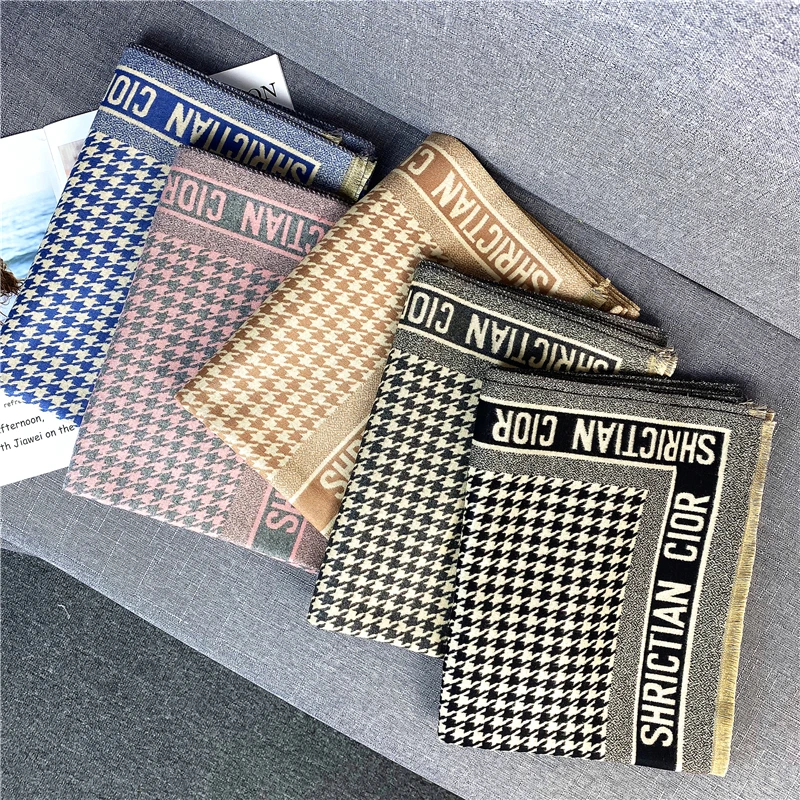 

Classic Houndstooth Plaid Cashmere Scarf Thicken Warm Winter Scarf Women Pashmina Brand Shawls Wraps Blanket Scarves For Ladies