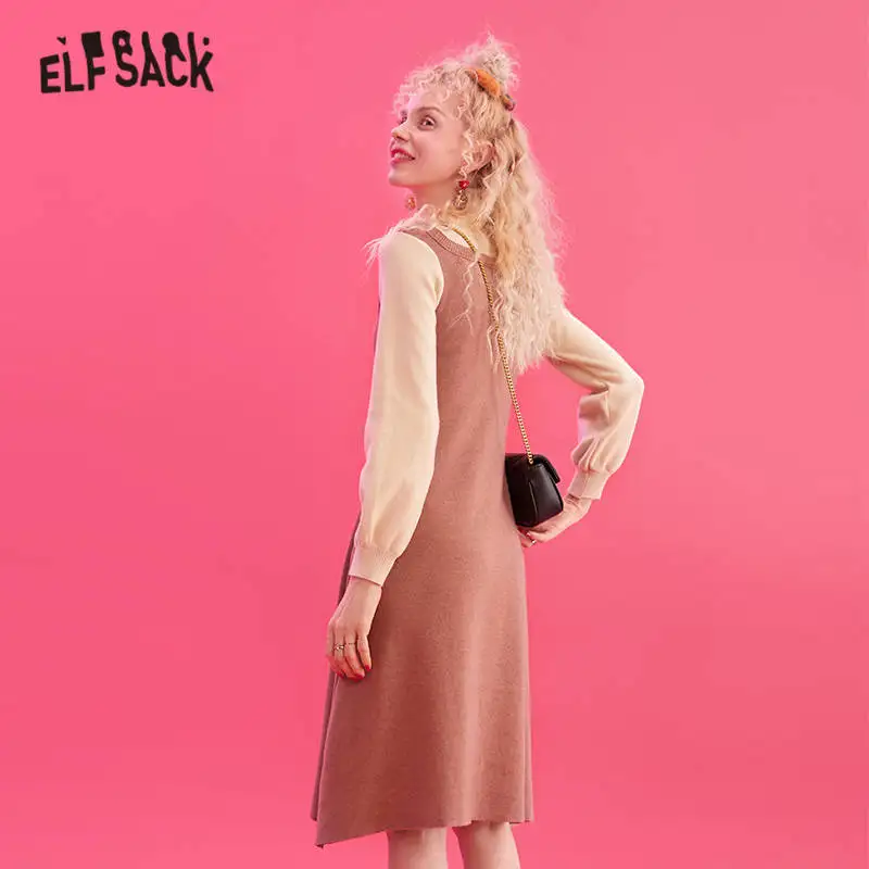 Женское вязаное платье ELFSACK черное однотонное облегающее с рукавами фонариками