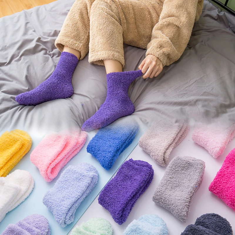 Candy Color Warm Socks Plush Female Coral Fleece Floor Women's Socks Woman Sox Girls Breathable Fluffy Pure Sleeping Sock Solid
