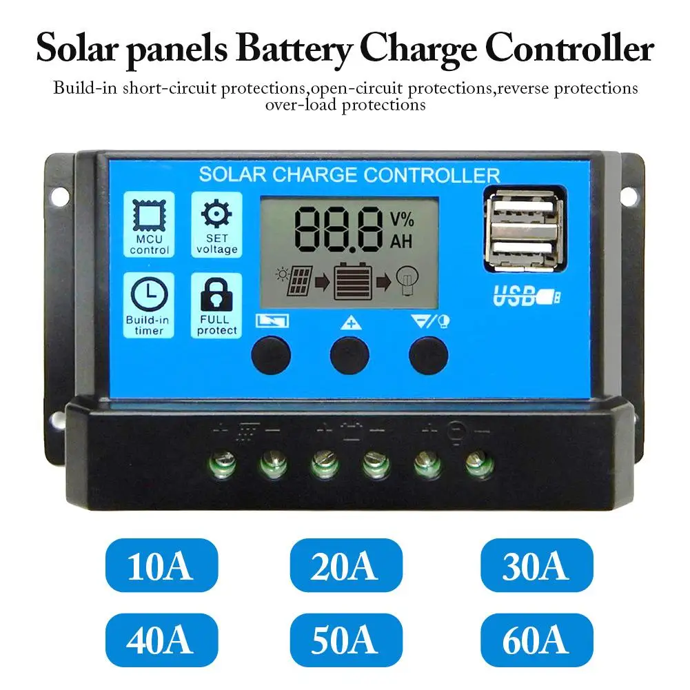 PWM 60A 50A 40A 30A 20A 10A Контроллер заряда и разряда солнечной батареи 12В 24В
