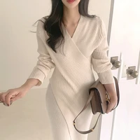 new winter v neck designer apricot black jumper dresses 2021 knitted pollover warm thick korean sweater dress women woman solid