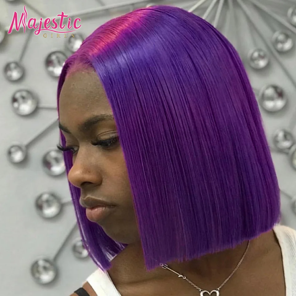 Фиолетовые человеческие волосы боб парики бразильские Прямые Цветные Remy