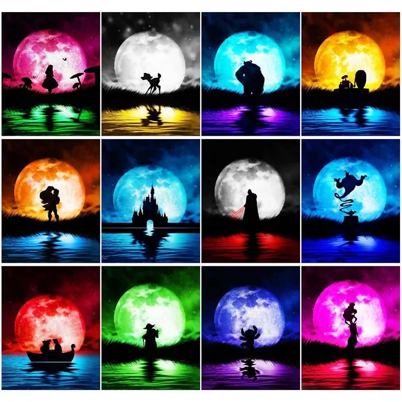 

Landscape Moonlight Cartoon Animals Canvas Oil Painting By Numbers Kits Adults Hand Painted Home Chrismas Decoration Gift