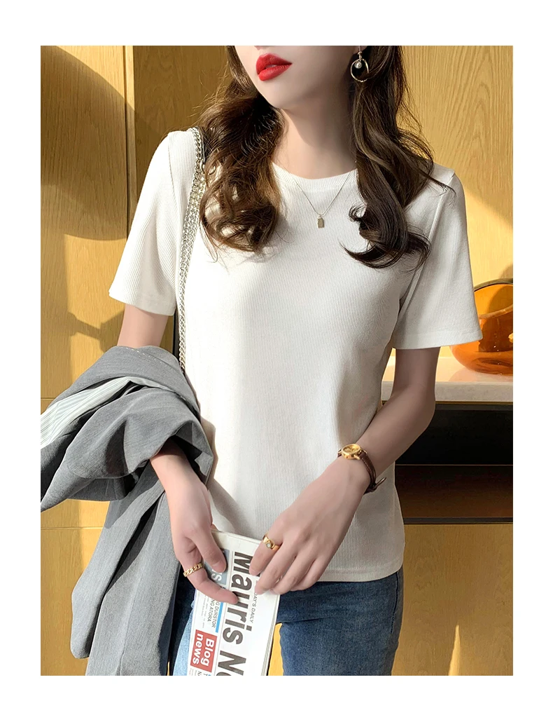 

Thread Knitted Short-Sleeved Women's T-shirt Inner Wear Blouse 2021 Summer New Solid Color Slim Bottoming Shirt Korean Style