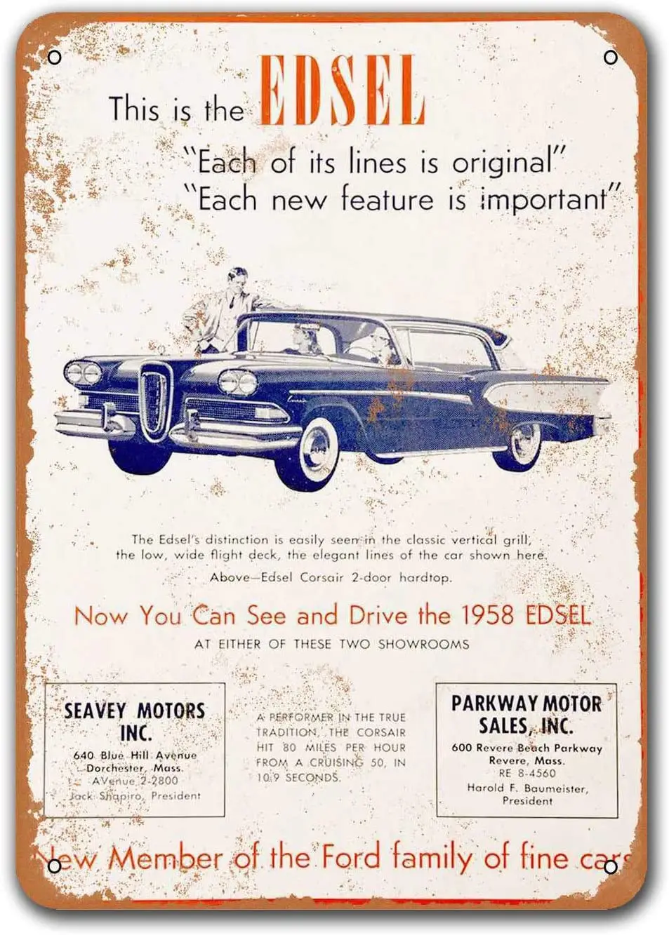 

1958 Edsel Old Car Tin Sign, Sisoso Vintage Metal Plaques Poster Pub Garage Retro Wall Decor 8x12 inch
