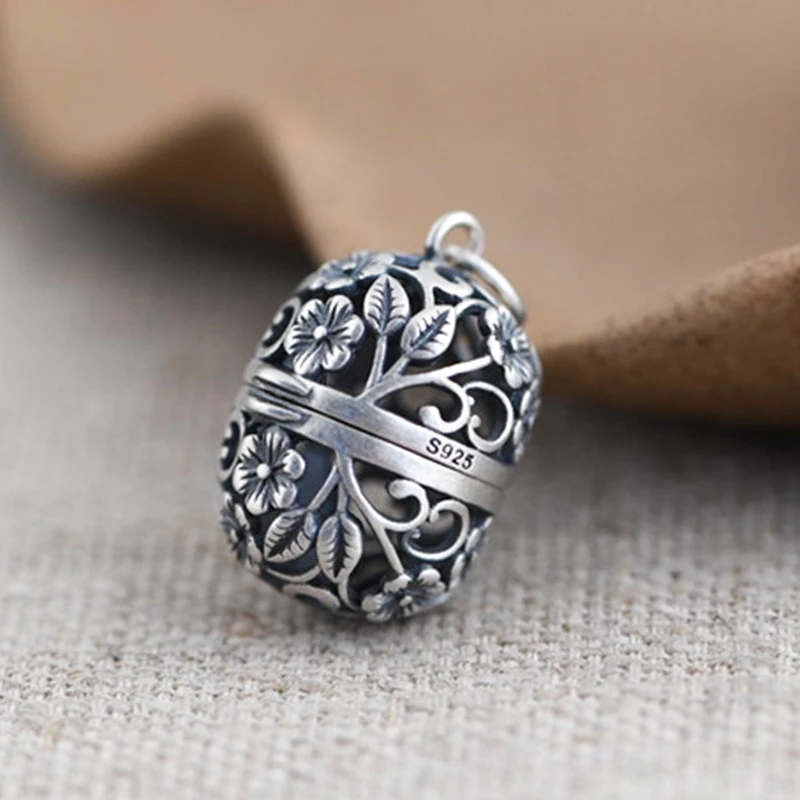 

925 Sterling Silver Fashion hollow plum blossom openable sachet Necklace Pendant women's Simple Art Necklace Jewelry
