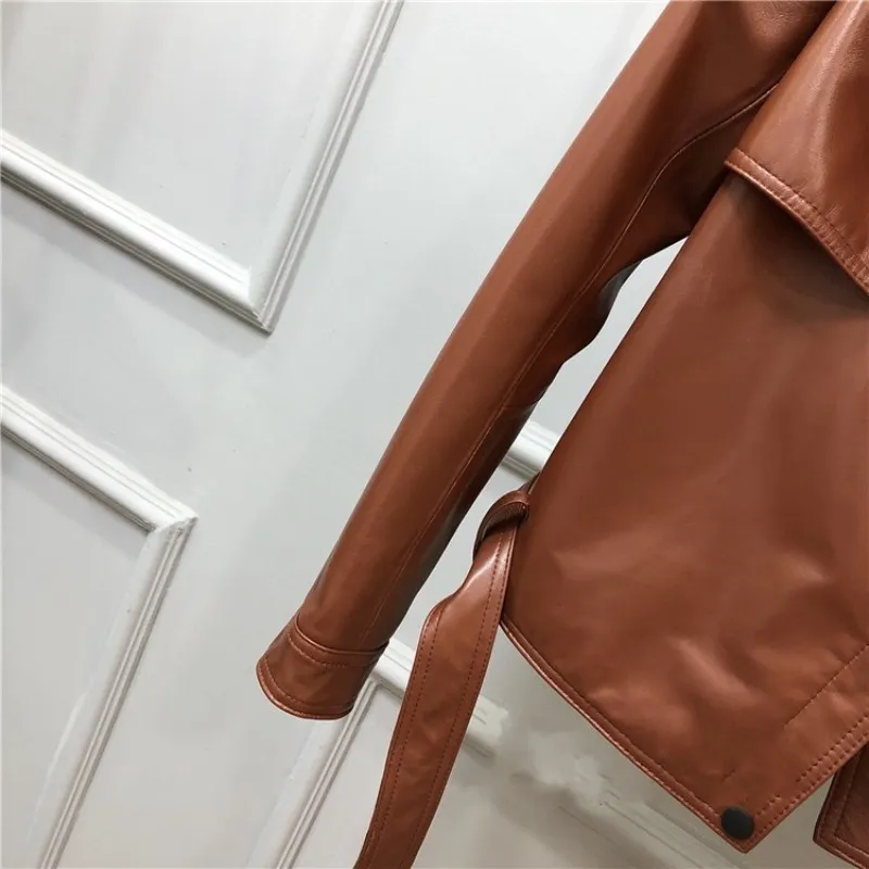

Real Streetwear Leather 100% Sheepskin Jacket Female Loose Motorcycle Biker Short Coat Vintage Zipper Brown Outerwear S-3XL