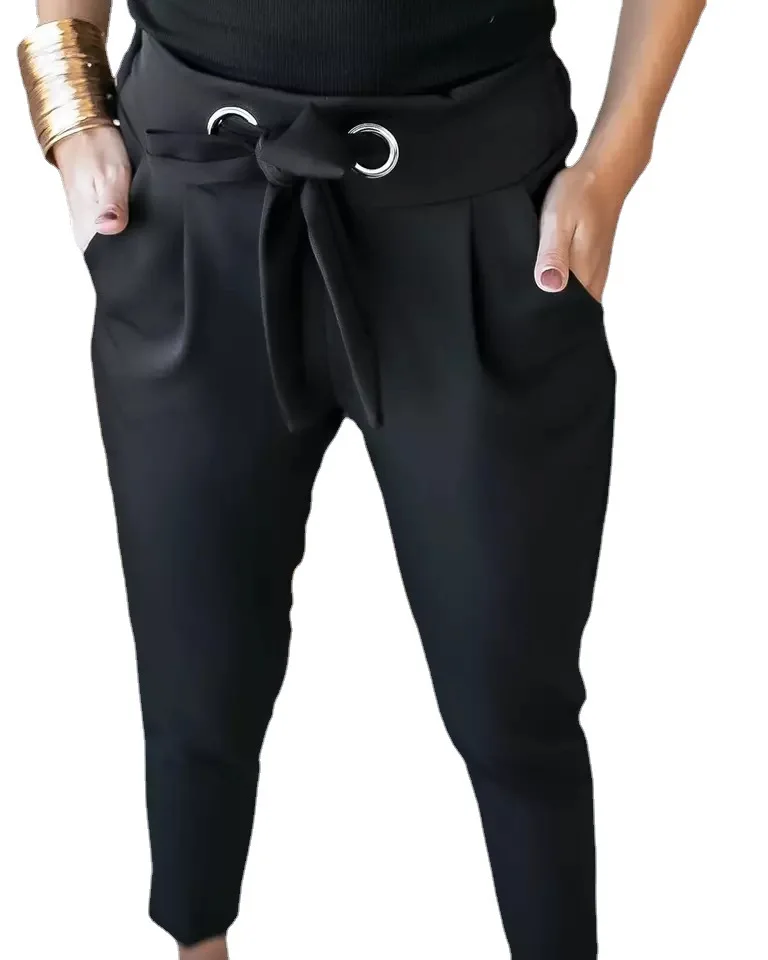 

Woman's Casual Pant Fashion Solid Color Pencil Pants High Waist Bandage Slim Skinny Long Trousers Streetwear Chiffon Pant